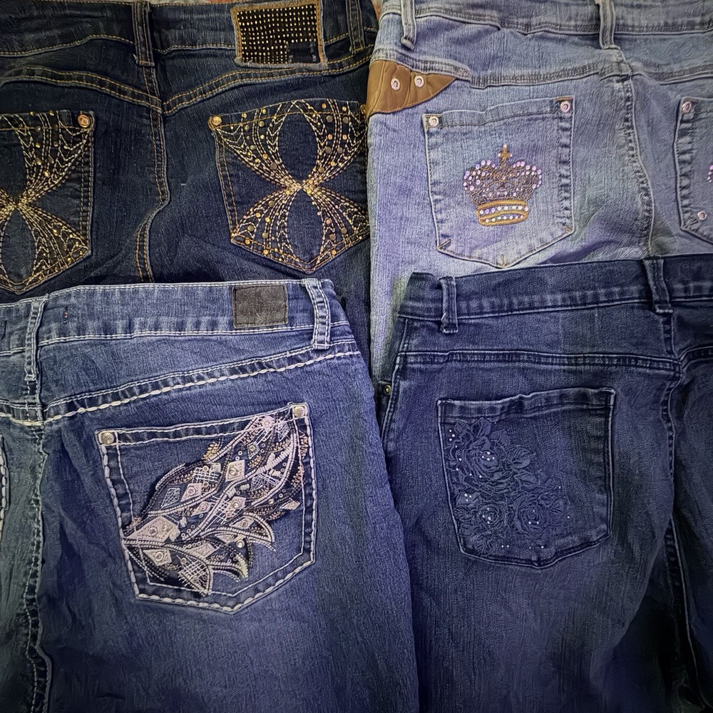 Lot of 4 Y2K Jeans 15/16 Mix Styles Studded Bling Rhinestone Reseller Bundle